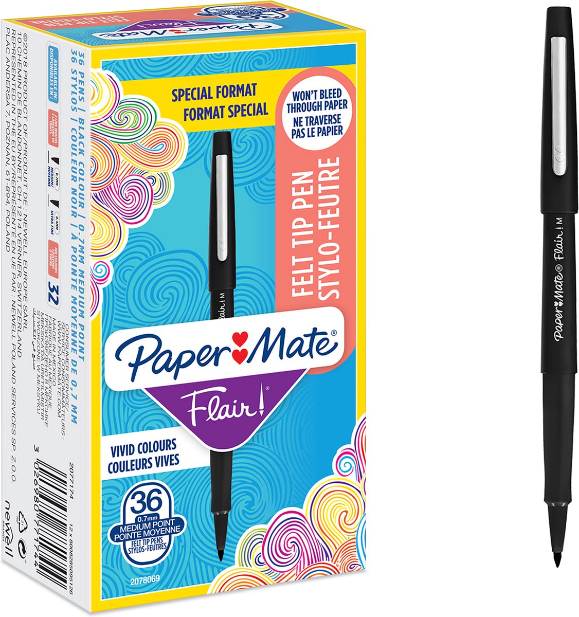 Paper Mate Flair-viltstiften | Medium punt (0,7 mm) | Zwarte inkt | 36 stuks